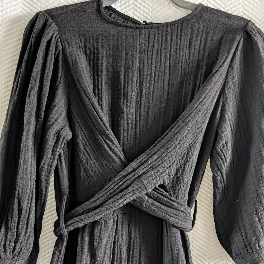 Zara Black Cotton Gauze Midi Dress with Slits and Back Tie Size Small Minimalist - Picture 6 of 12